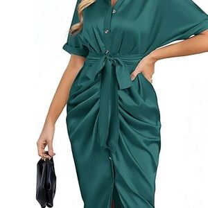Chic Teal Midi Dress with Tie‎ Waist